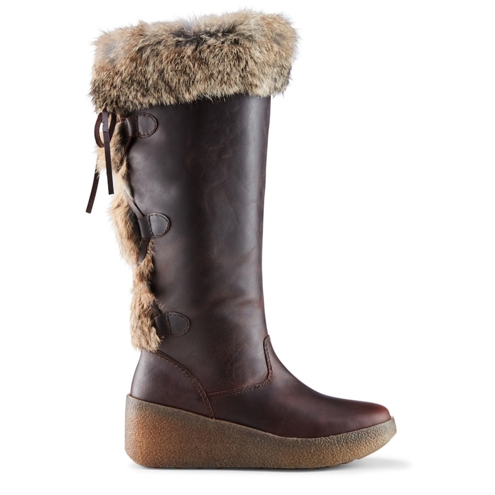 Cougar Brown Rabbit Fur-Trimmed Knee-High Leather Laced Boots - Picture 6 of 14